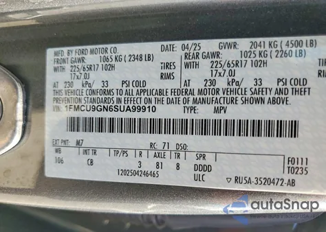 2025 Ford Escape Active z USA, uszkodzony, nr VIN 1FMCU9GN6SUA99910